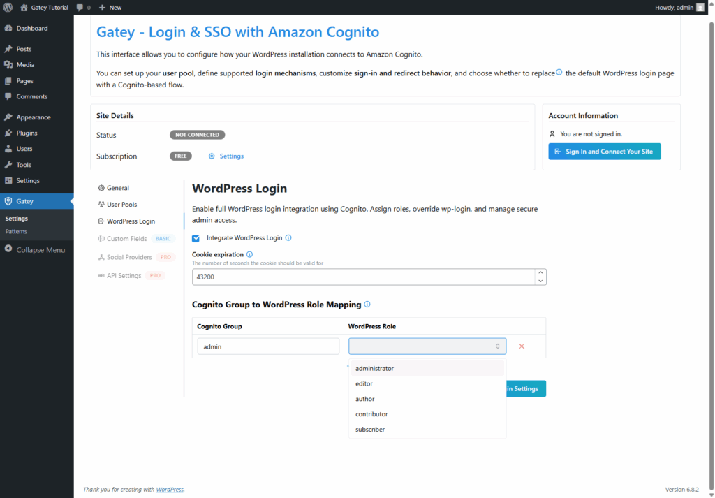 Gatey WordPress plugin “WordPress Login” settings page showing options to integrate wp-login, set cookie expiration, and map Cognito groups to WordPress roles.