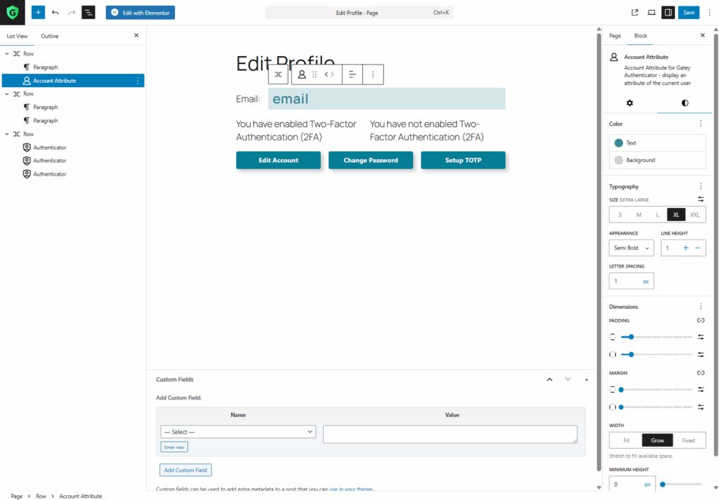 WordPress Gutenberg editor showing an “Edit Profile” page that uses Gatey Account Attribute and Authenticator blocks.