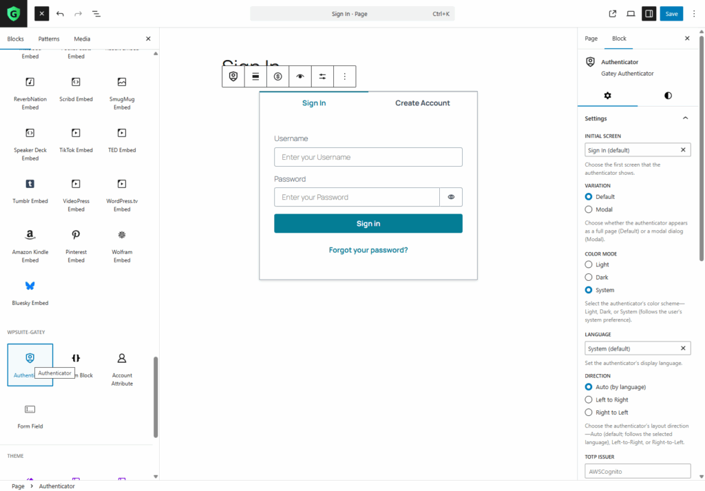 Gutenberg editor interface showing the Authenticator sign-in form (email, password, sign-in button) embedded on a page with block panel visible.