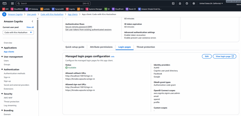 Cognito App client settings showing Hosted UI callbacks and identity providers.