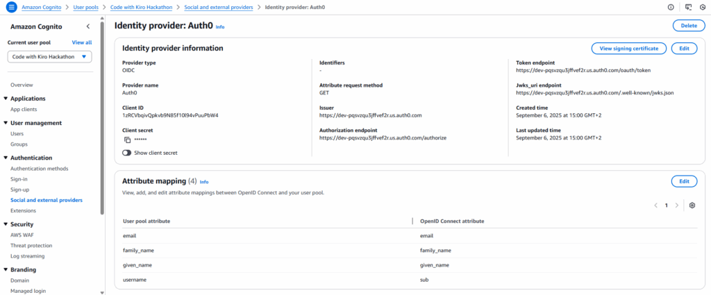 Cognito OIDC provider configuration with Auth0.