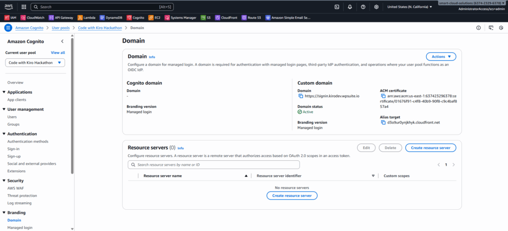 Cognito custom domain setup with CloudFront alias and ACM certificate.