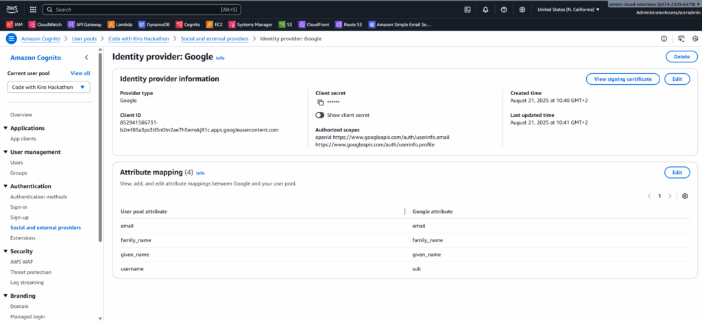 Cognito Google identity provider with attribute mapping.