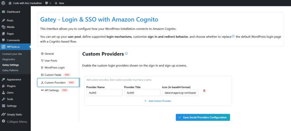 Gatey plugin Custom Providers settings with Auth0 entry.