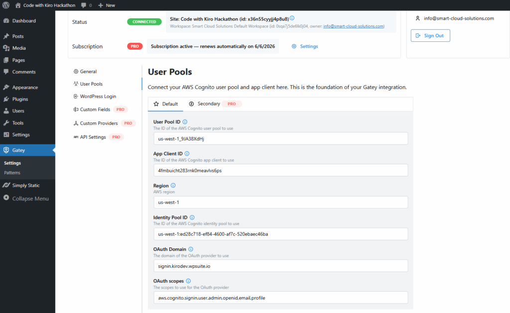 Gatey plugin User Pools configuration in WordPress.