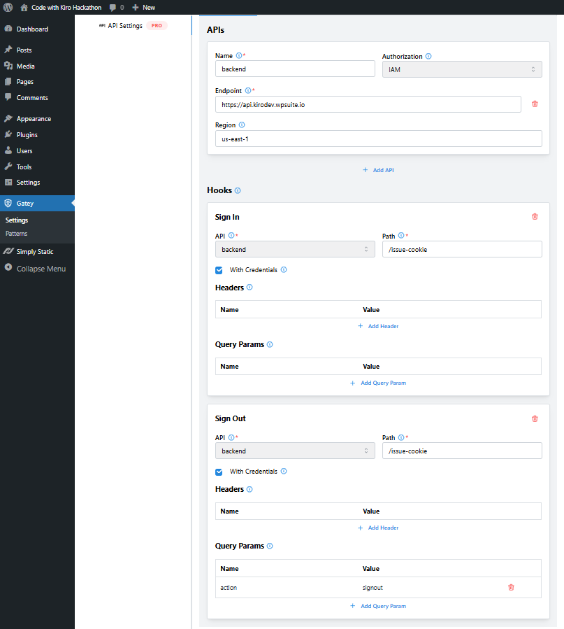 WordPress Gatey plugin API and hook settings for CloudFront signed cookie integration.