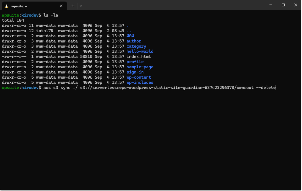 AWS CLI uploading static WordPress export to S3 bucket with s3 sync.
