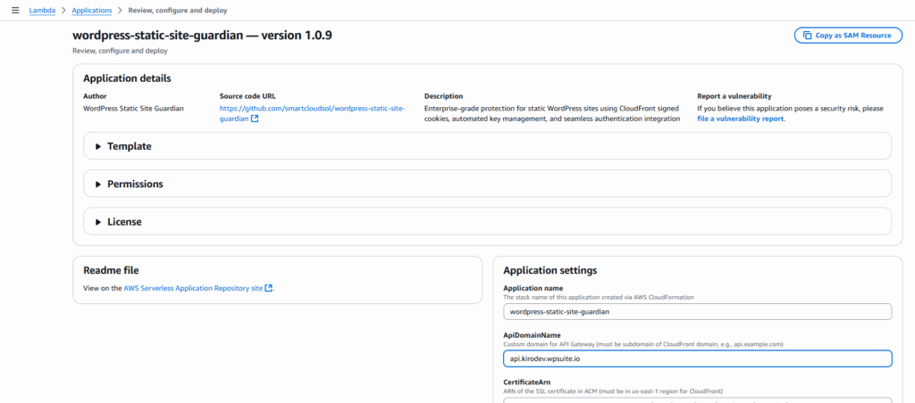 AWS SAR deployment screen for WordPress Static Site Guardian application.