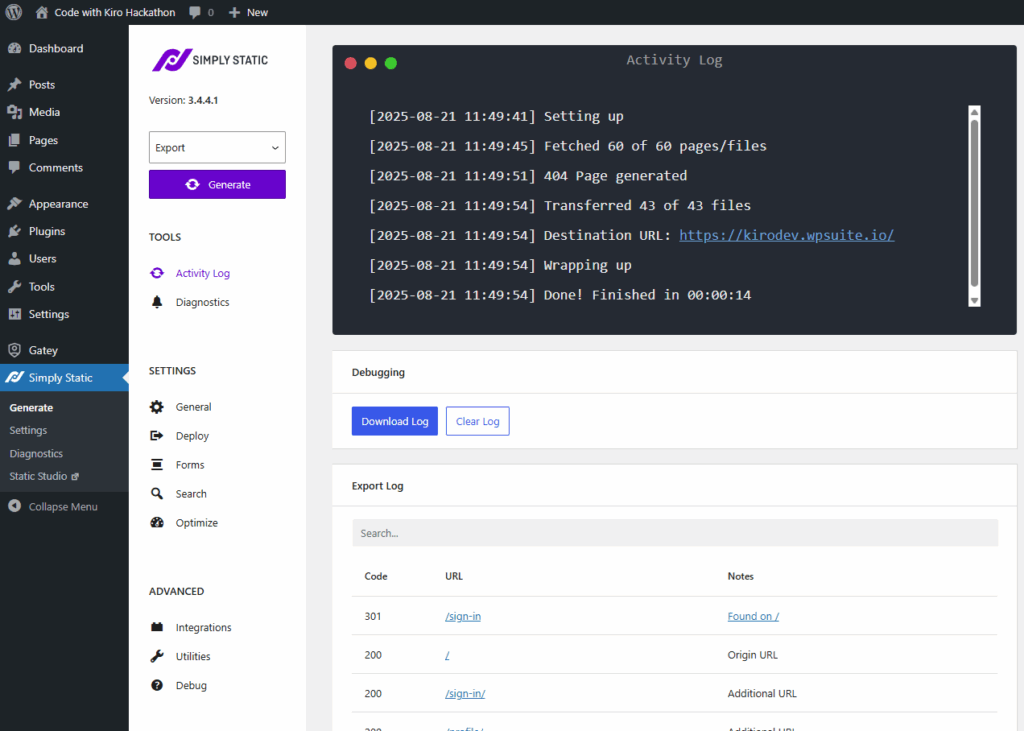 WordPress Simply Static plugin generating a static export with logs.