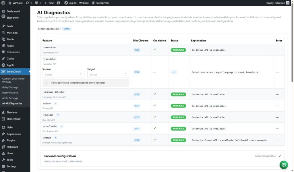 AI-Kit Diagnostics dashboard in WordPress admin showing on-device AI feature availability and backend fallback status
