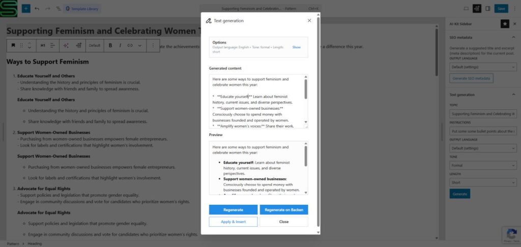 AI-Kit text generation panel inside the Gutenberg editor sidebar for writing and rewriting content