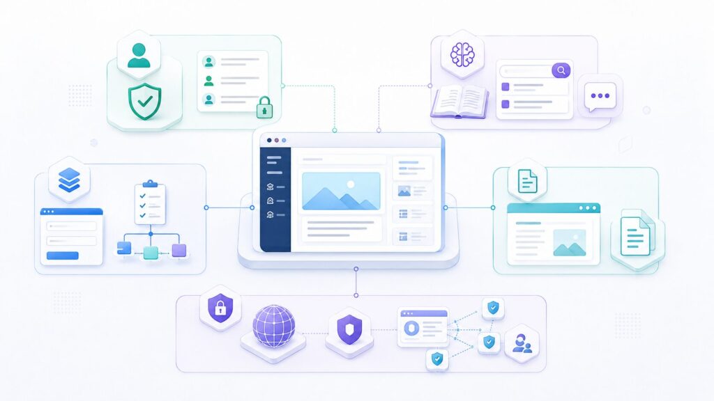 Gatey, AI-Kit, Flow, Static Publisher and Static Site Guardian connected around WordPress.