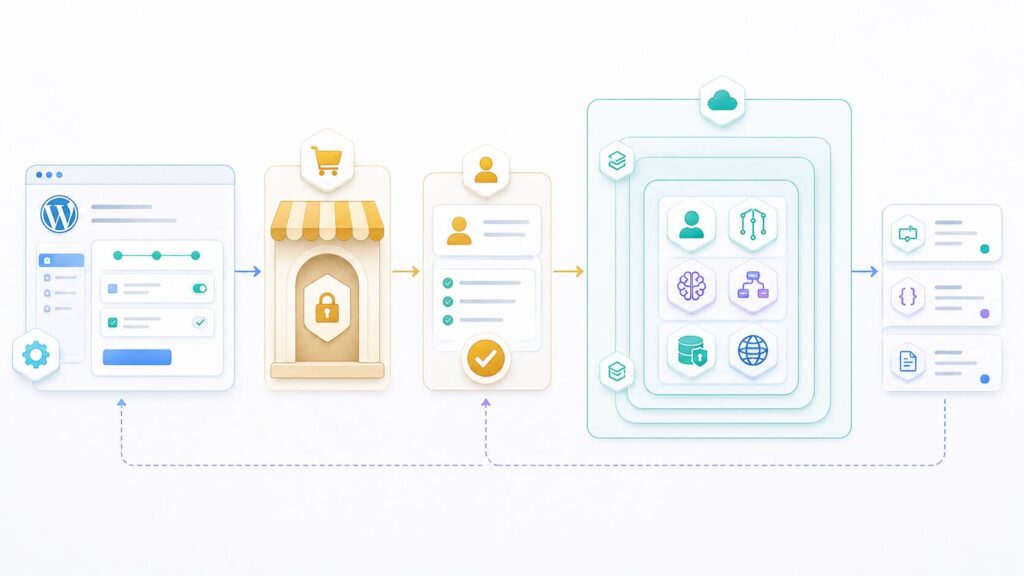 Deployment Access flow from the WP Suite wizard through AWS Marketplace Quick Launch into a buyer-owned AWS account.