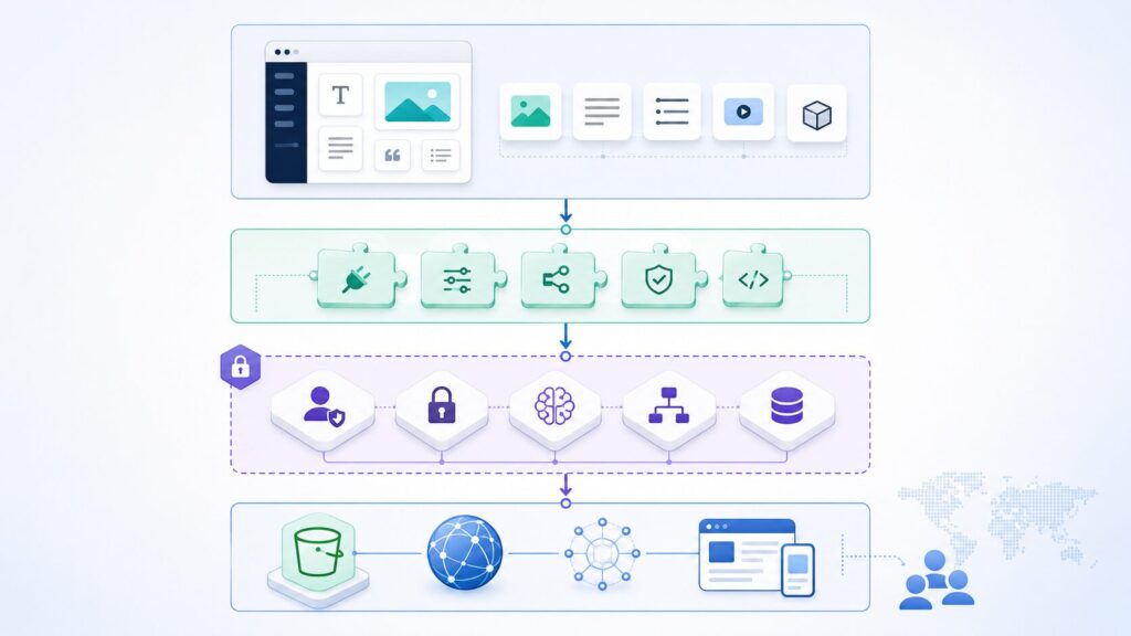 WP Suite responsibility layers connecting WordPress authoring, plugin integrations, customer-owned AWS services and CloudFront delivery.