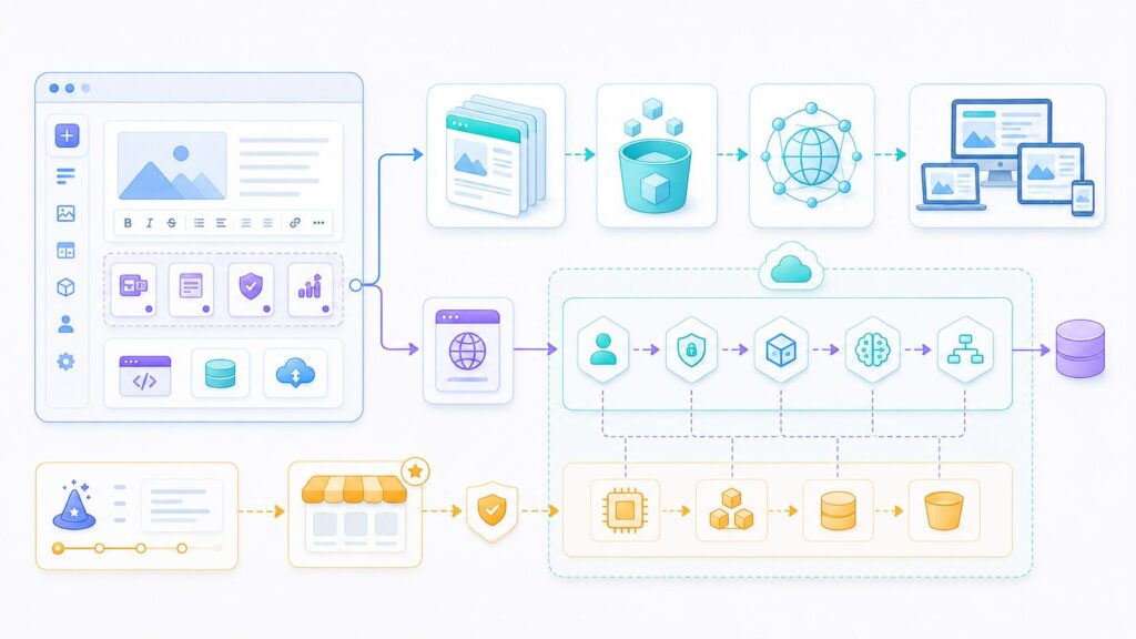 End-to-end WP Suite pipeline from WordPress editing through customer-owned AWS services to CloudFront production delivery.